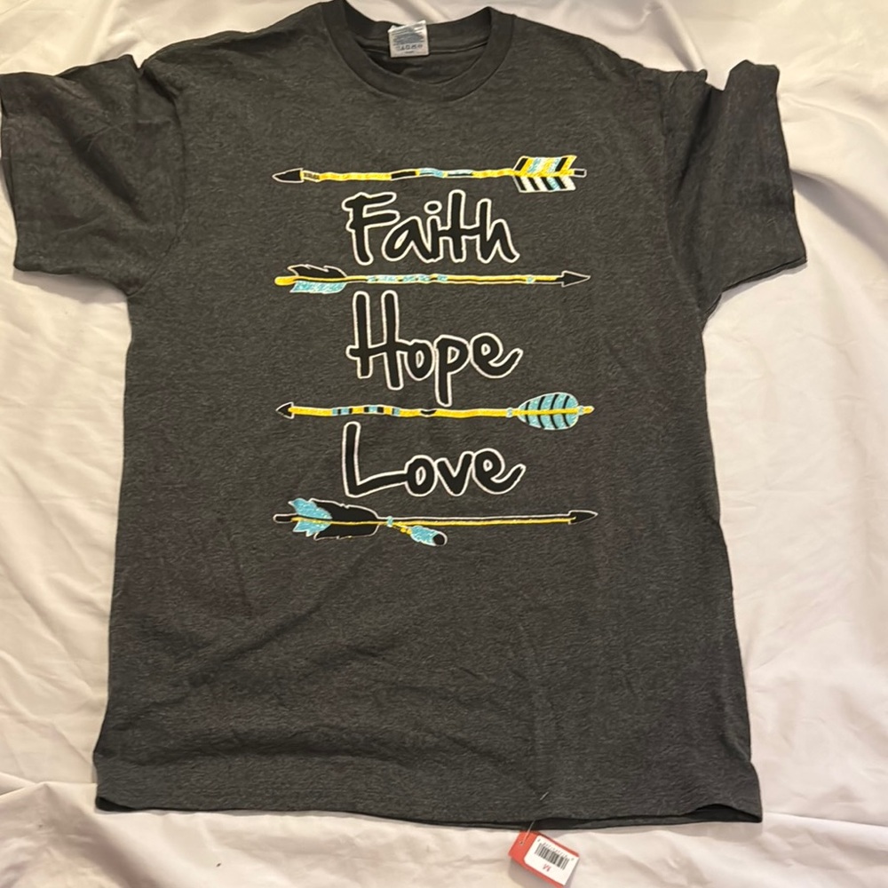 Gray Graphic Tee with Faith Hope Love Arrows